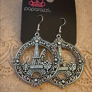 NWT Paparazzi Silver Eiffel Tower Earrings with Pink Accents 2.5”